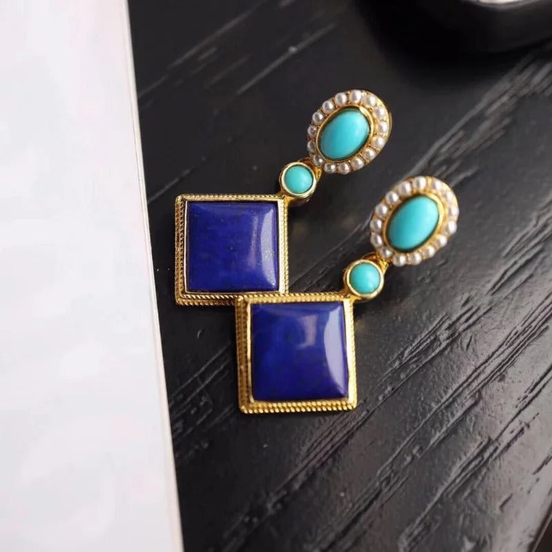 Retro Gold & Lapis Square Blue Gemstone Dangle Earrings-EllyBoutique