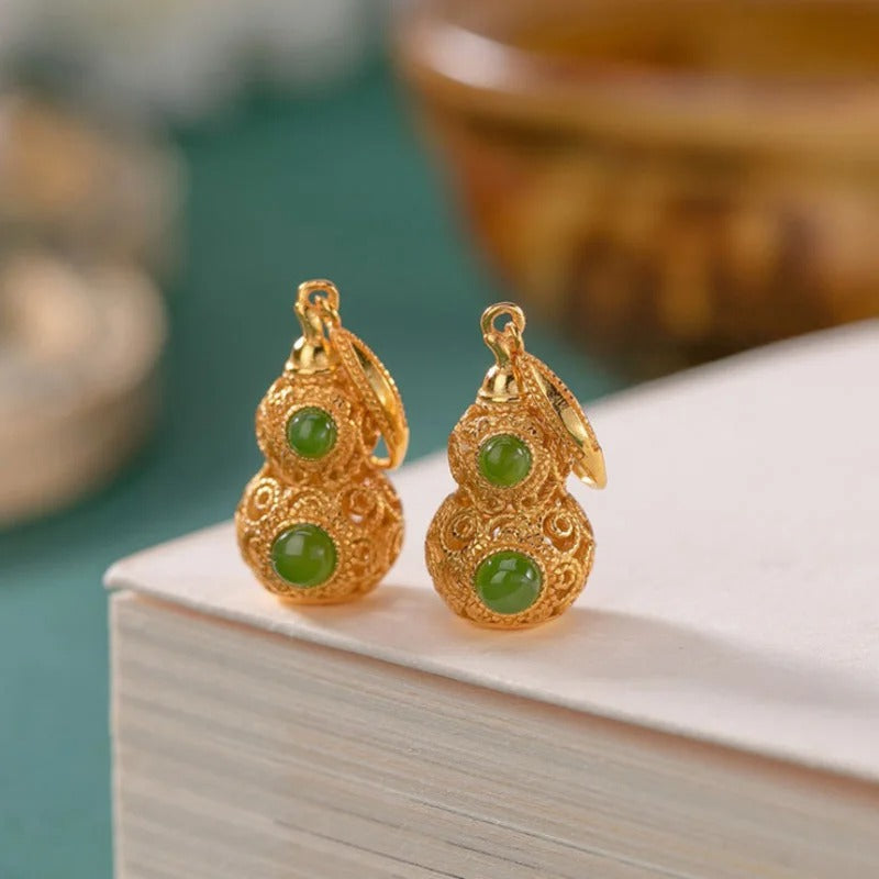 Vintage Gold & Green Gemstone Gourd Drop Earrings-EllyBoutique