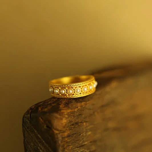 Vintage Gold Pearl-Accented Band Adjustable Ring-EllyBoutique
