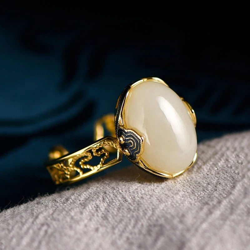 Classic Gold White Gemstone Jade Oval Adjustable Ring-EllyBoutique