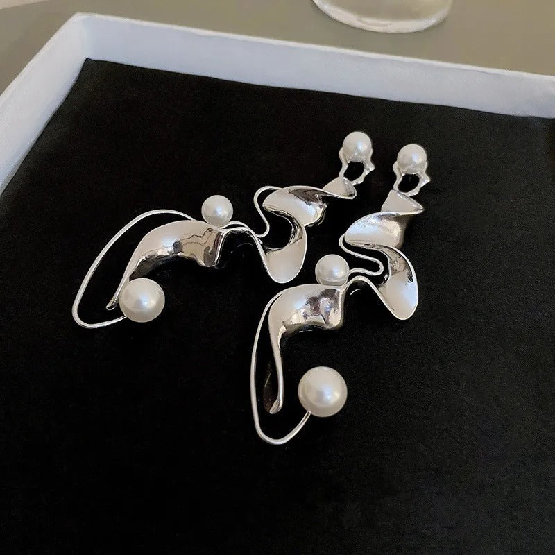 Vintage Pearl Abstract Silver Earrings-EllyBoutique