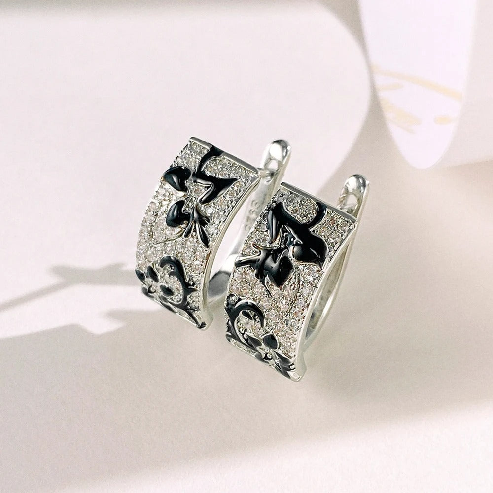 Silver Black Flower Enamel Earrings-EllyBoutique