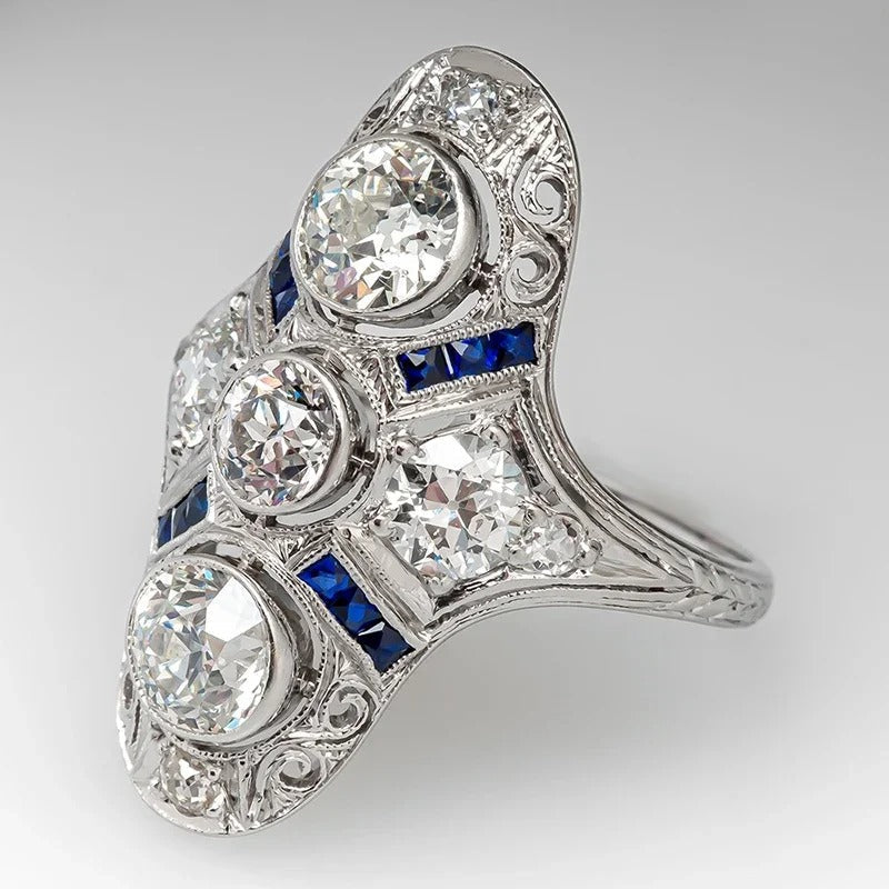 Vintage White Gold Blue & White Ring-EllyBoutique