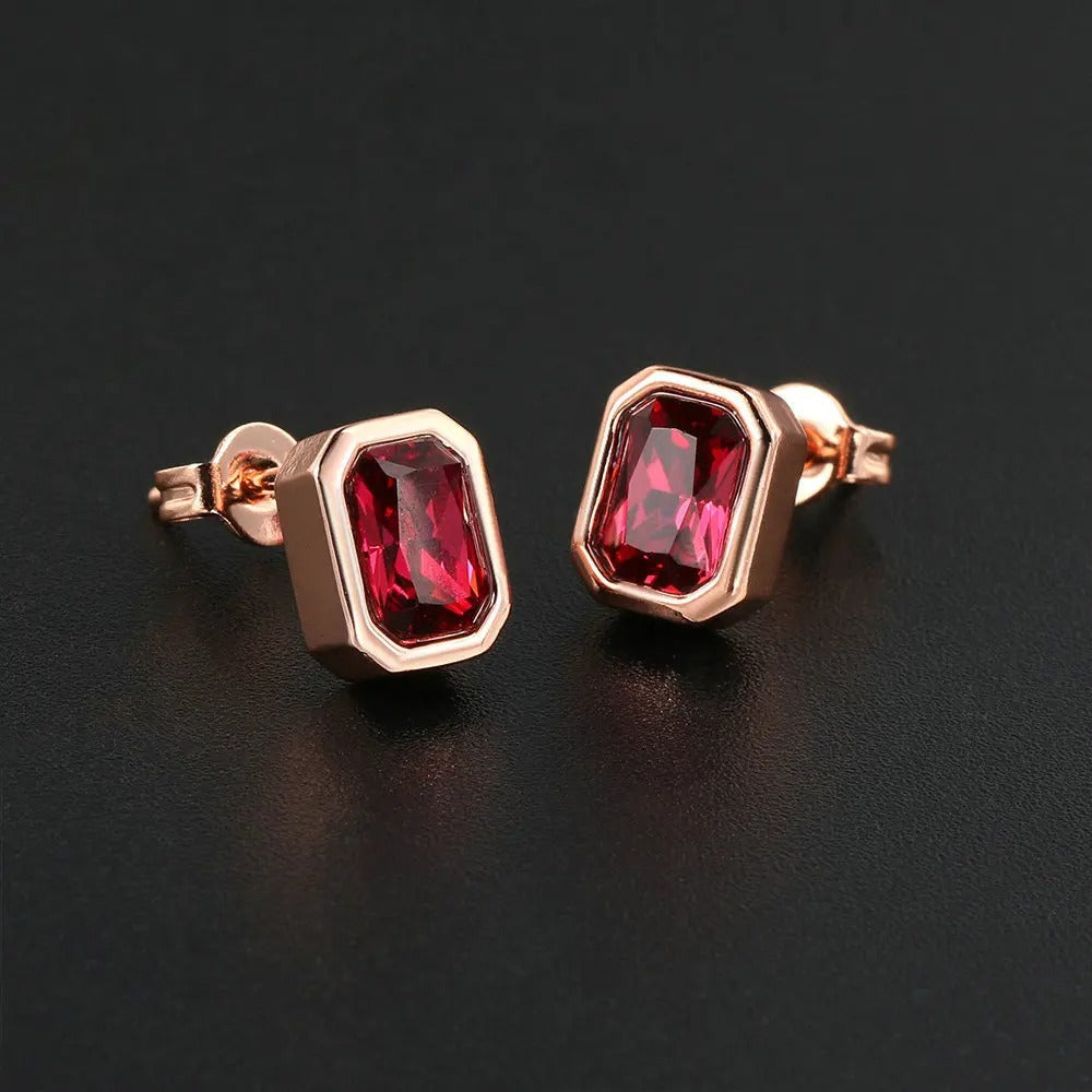 Vintage Rose Gold Deep Red Crystal Stud Earrings-EllyBoutique