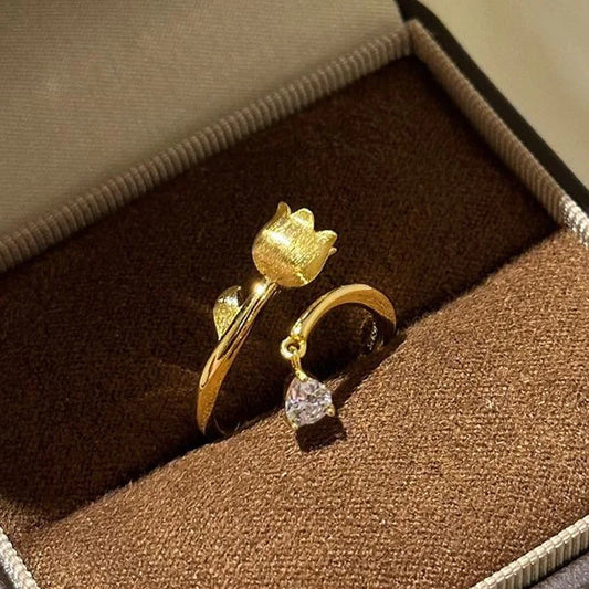 Classic Gold & Lily-Shaped Diamond Accent Adjustable Ring-EllyBoutique