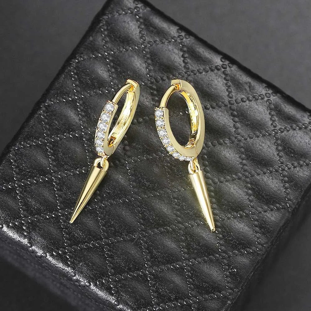 Gold Sparkling Crystal & Spike Design Drop Earrings-EllyBoutique
