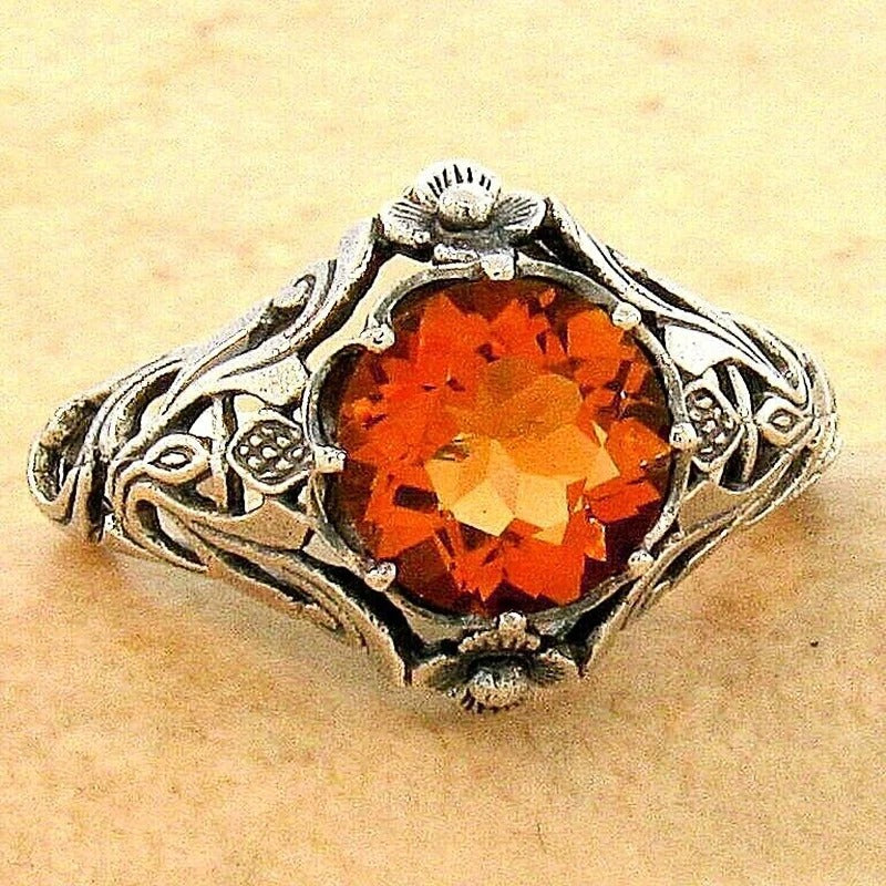 Vintage Orange Crystal Silver Ring-EllyBoutique