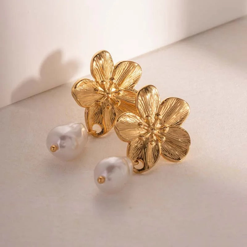 Gold Plated Flower Pearlescent Drop Earrings-EllyBoutique