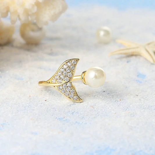 Gold Mermaid Tail Shimmering Pearl Accent Ring-EllyBoutique