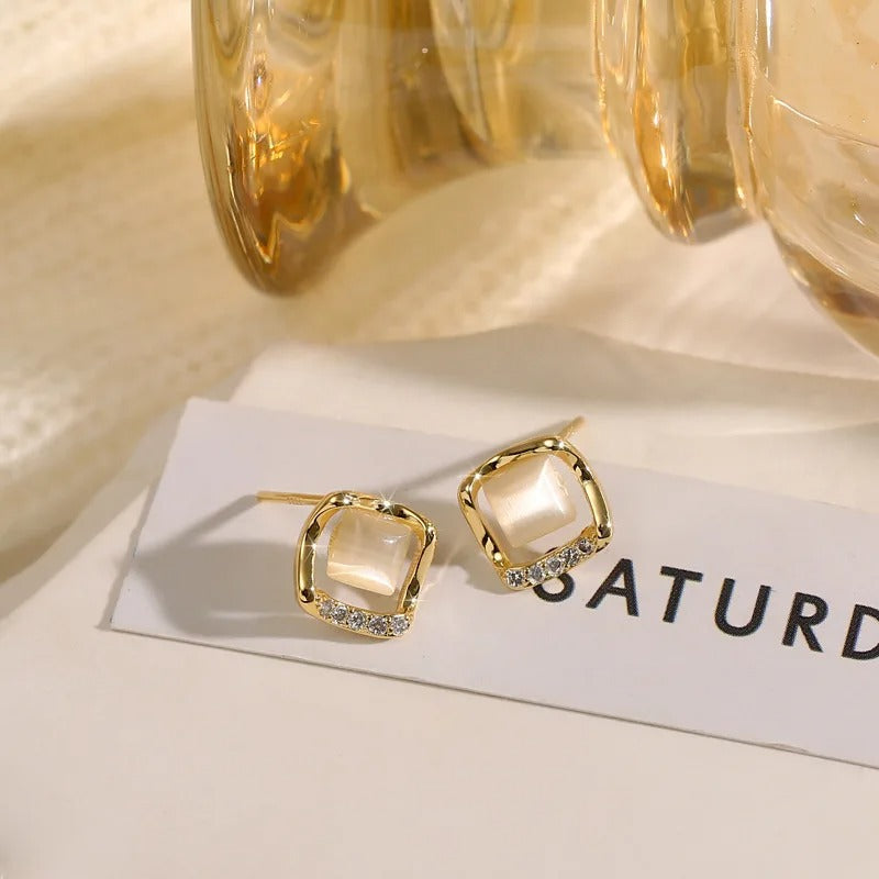 Vintage Gold Square Pearl Opal Earrings-EllyBoutique