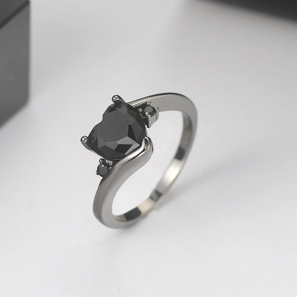 Silver Black Heart-Shaped Stone Ring-EllyBoutique
