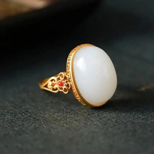 Vintage Gold White Hollow Oval Ring Jade Ring-EllyBoutique