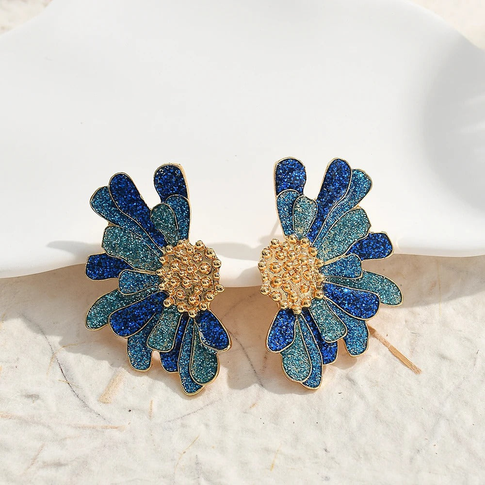Vintage Blue Glitter Flower Gold Earrings-EllyBoutique