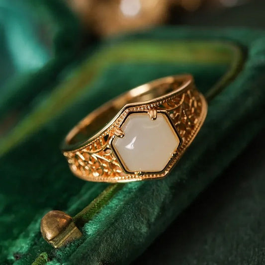 Vintage Gold & Hexagonal White Stone Filigree Adjustable Ring-EllyBoutique