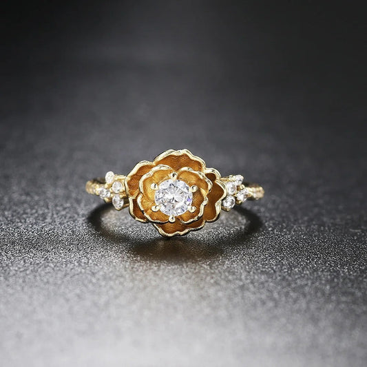 Classic Gold Flower Center Gem & Side Crystal Ring-EllyBoutique