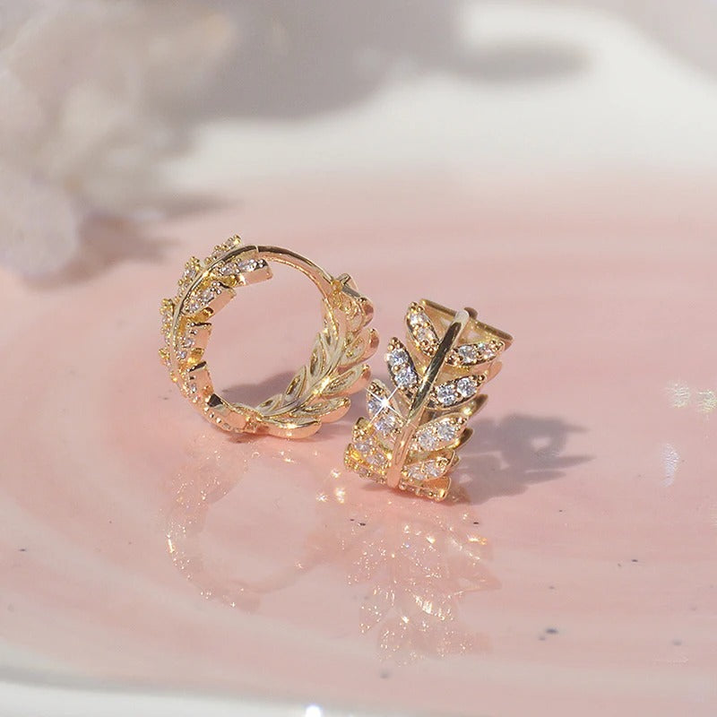 Gold & Shiny Crystal Leaf Hoop Earrings-EllyBoutique