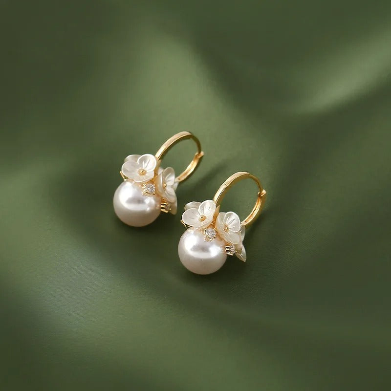 Vintage Flower Pearl Ball Pendant Earrings-EllyBoutique
