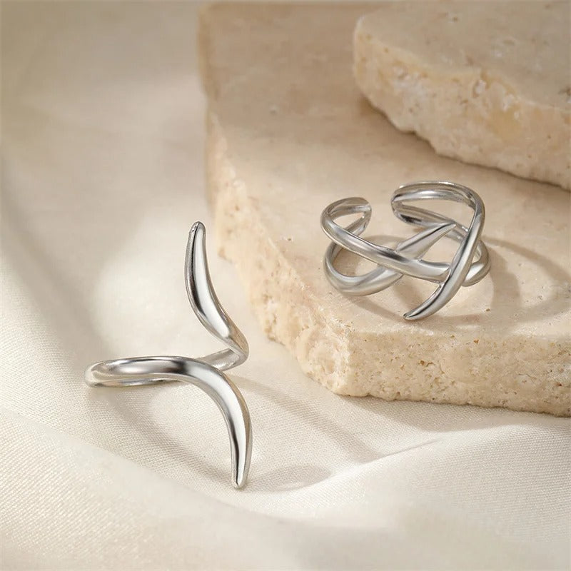 Vintage Silver Twist Sculpted Curved Design Adjustable Ring Set-EllyBoutique