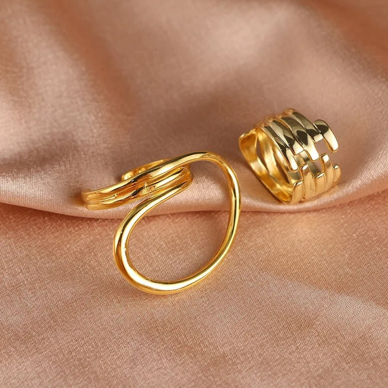 Retro Smooth Curved & Layered Gold Band Adjustable Ring Set-EllyBoutique