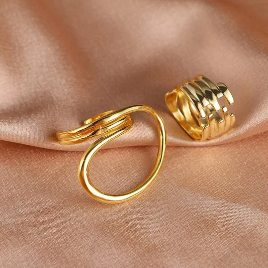 Retro Smooth Curved & Layered Gold Band Adjustable Ring Set-EllyBoutique