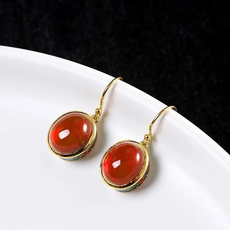 Vintage Gold & Red Oval Gemstone Ruby Drop Earrings-EllyBoutique