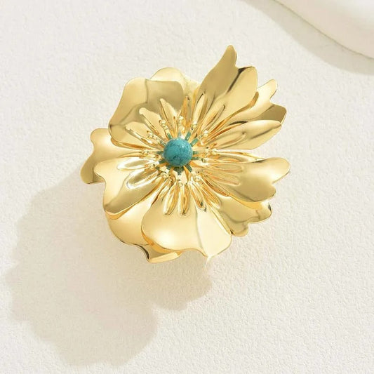 Gold Flower Central Turquoise Gem Adjustable Ring-EllyBoutique