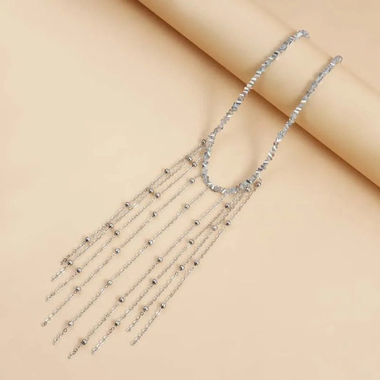 Silver Fringe & Beaded Chain Drops Necklace-EllyBoutique