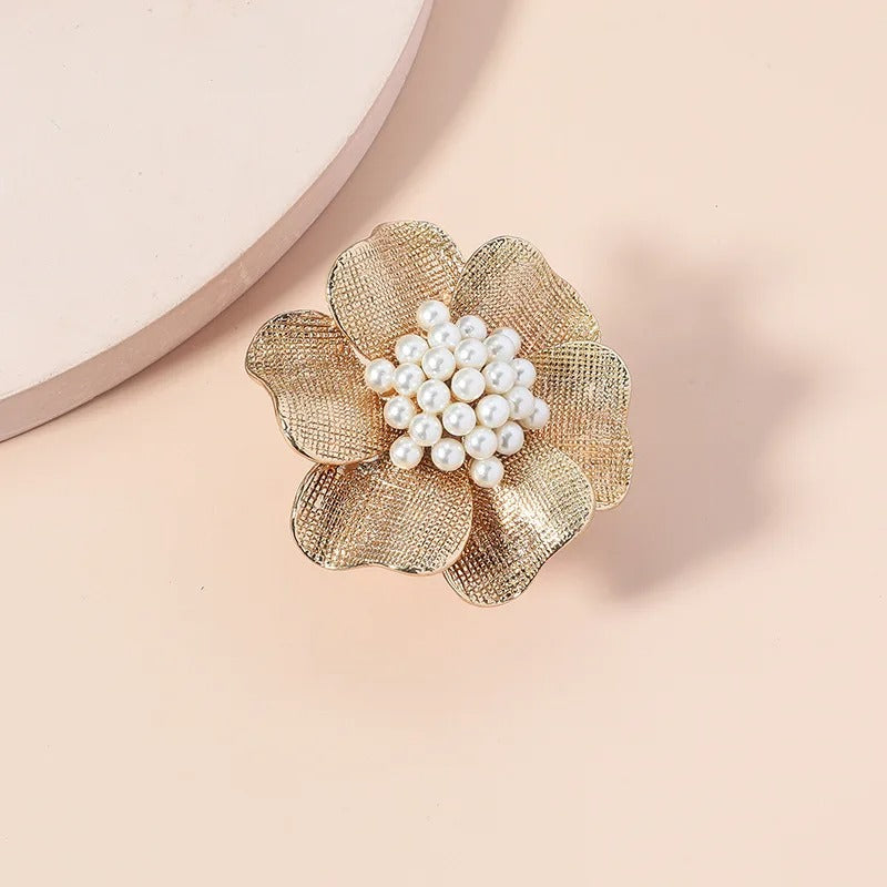 Classic Gold Floral White Pearl Adjustable Ring-EllyBoutique
