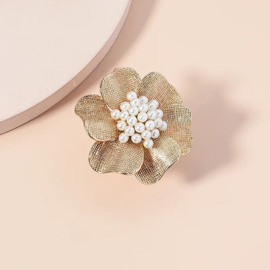 Classic Gold Floral White Pearl Adjustable Ring-EllyBoutique