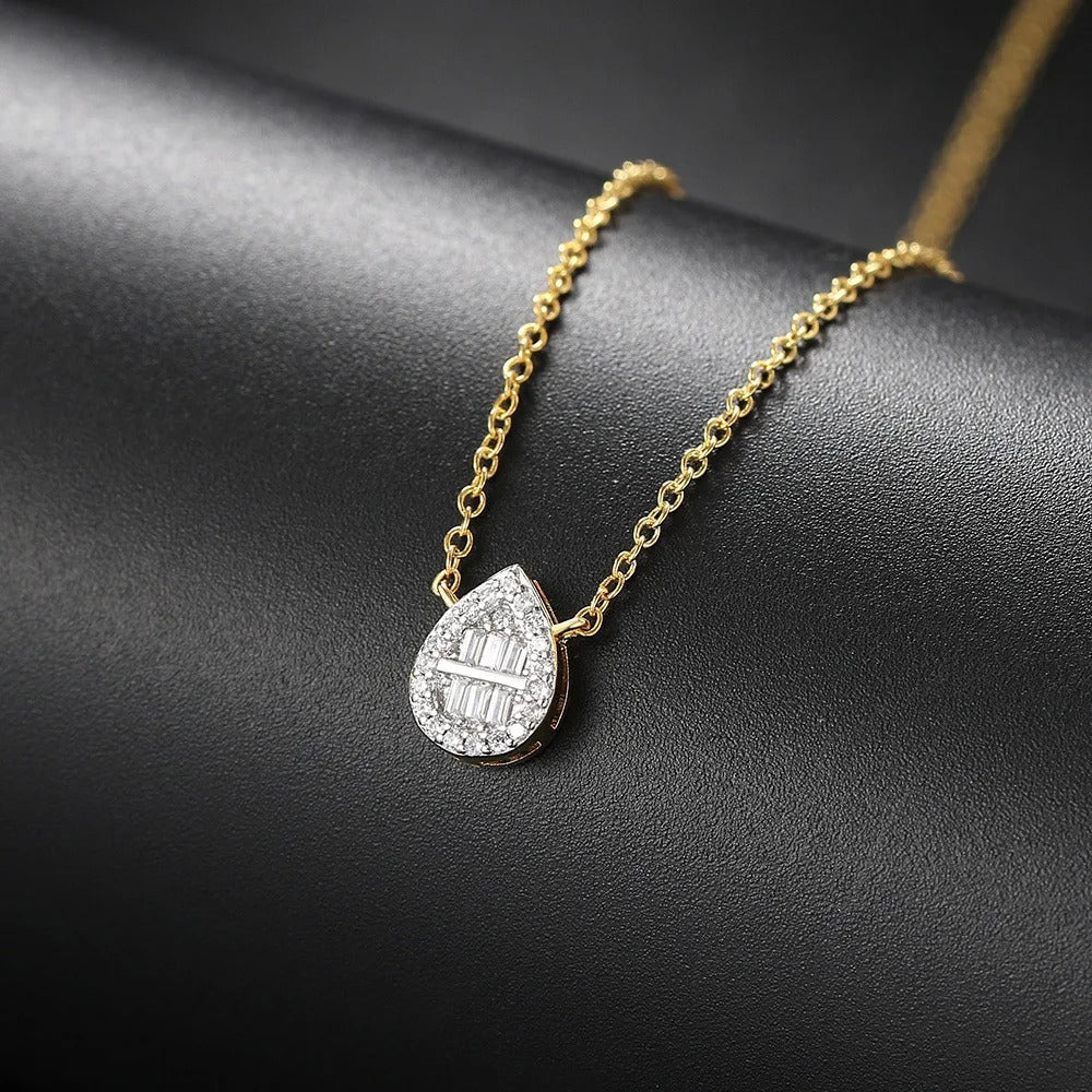 Gold Teardrop Crystal Pendant & Halo Necklace-EllyBoutique