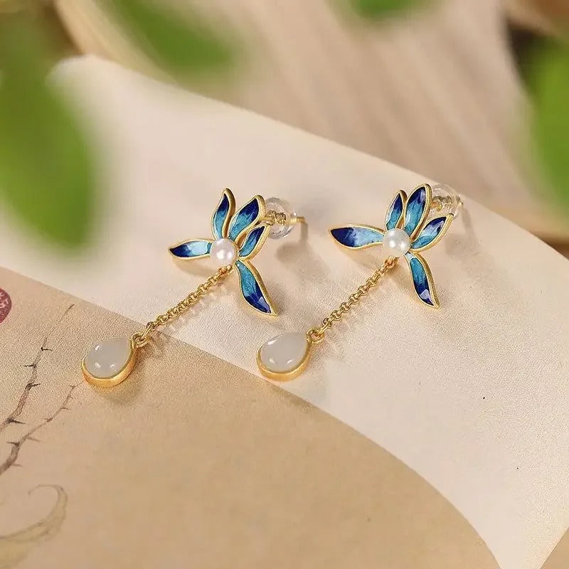 Vintage Gold & Blue Flower Pearl Jade Drop Earrings-EllyBoutique