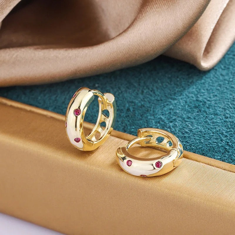 Vintage Gold Red Stone Huggie Earrings-EllyBoutique