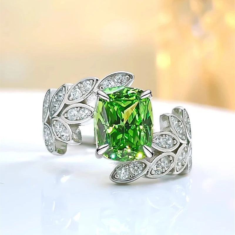 Green Crystal Leaf Pattern Silver Ring-EllyBoutique
