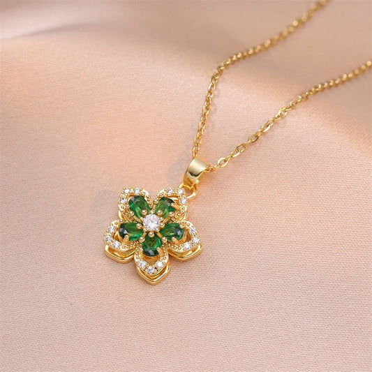 Vintage Gold Green Flower Pendant Necklace-EllyBoutique