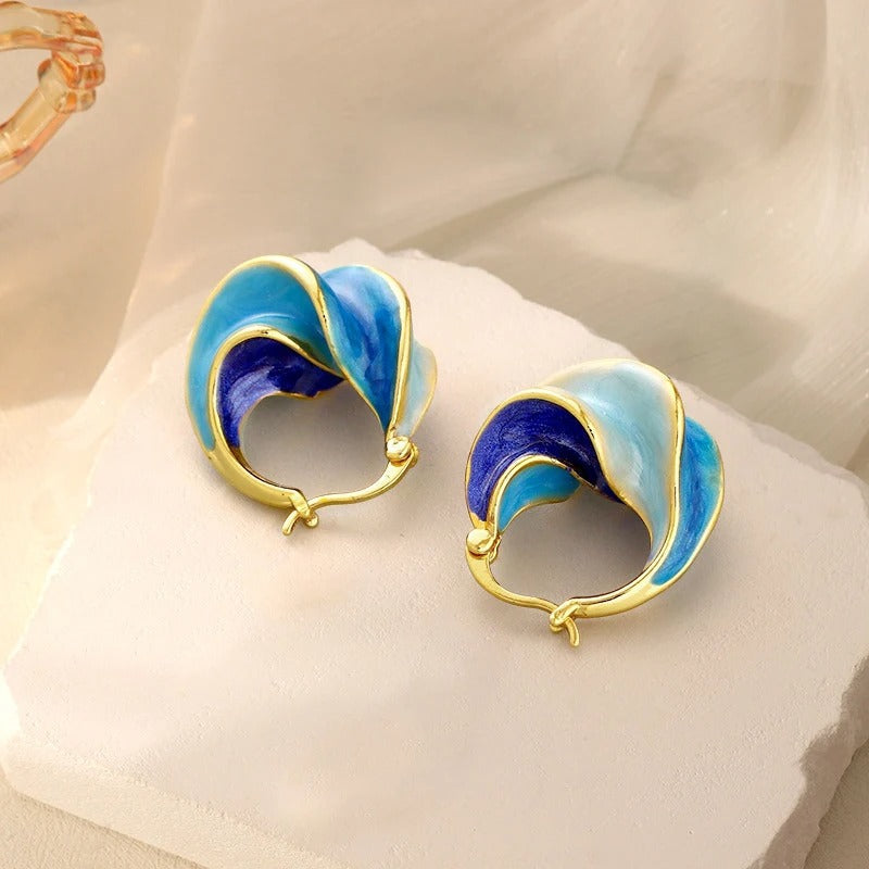 Gold & Blue Wave Hoop Earrings-EllyBoutique