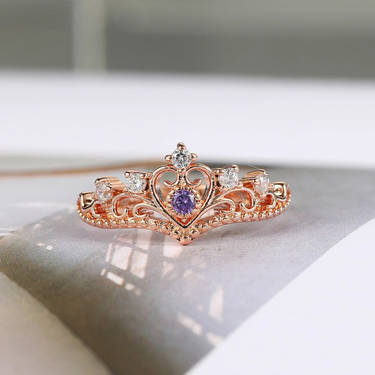 Princess Crown Rose Gold & Purple Crystal Ring-EllyBoutique