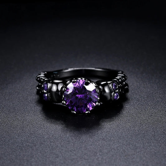 Vintage Black Round Purple Gemstone & Intricate Design Ring-EllyBoutique