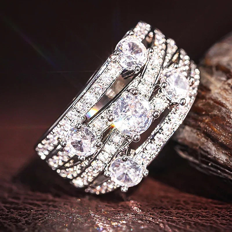 Vintage Silver Crystal Wave Ring-EllyBoutique