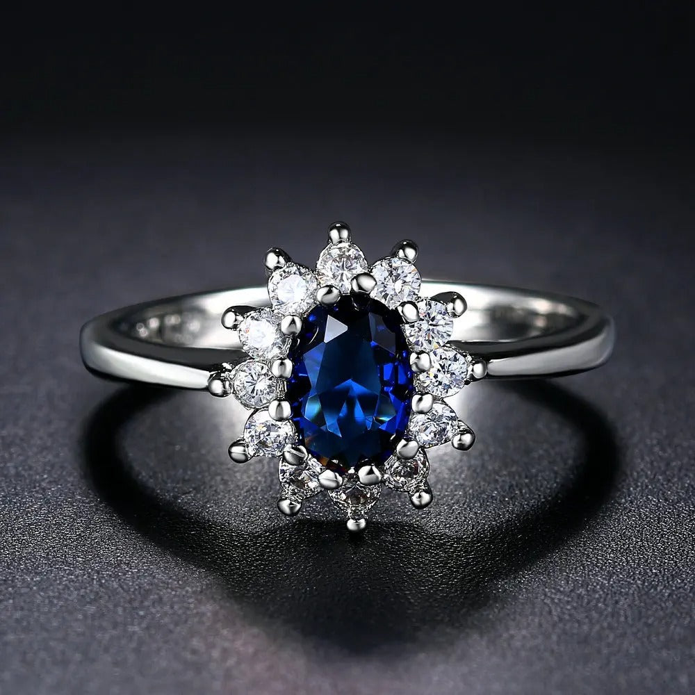 Silver Oval Blue Center Gemstone Halo Ring-EllyBoutique