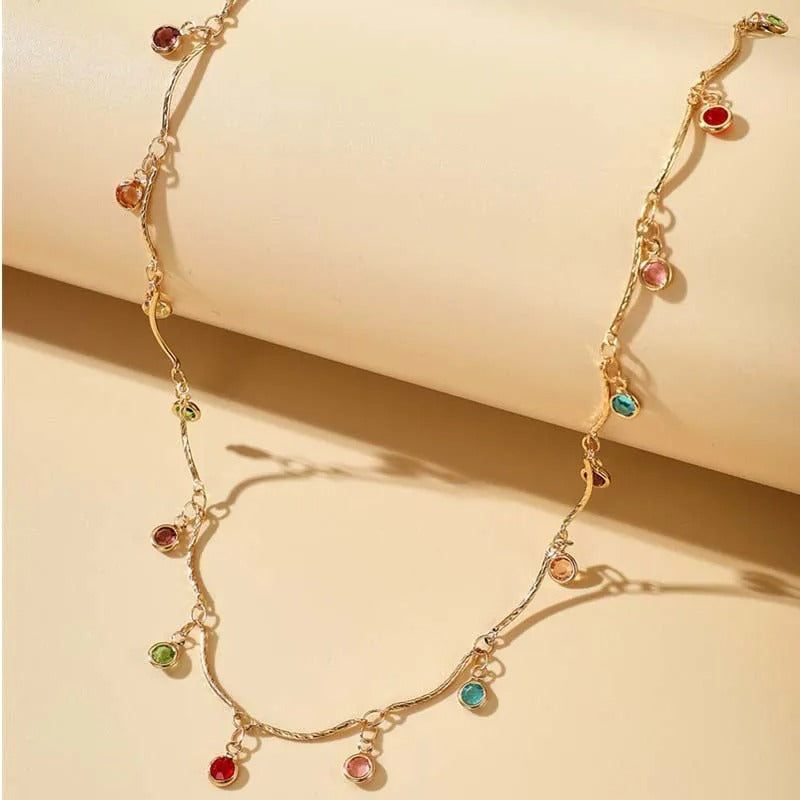 Gold Vibrant Colored Stones & Twisted Chain Necklace-EllyBoutique