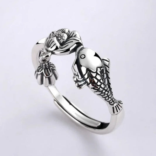 Vintage Silver Fish & Flower Design Adjustable Ring-EllyBoutique