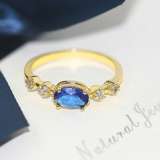 Vintage Gold Blue Oval Crystal Ring-EllyBoutique