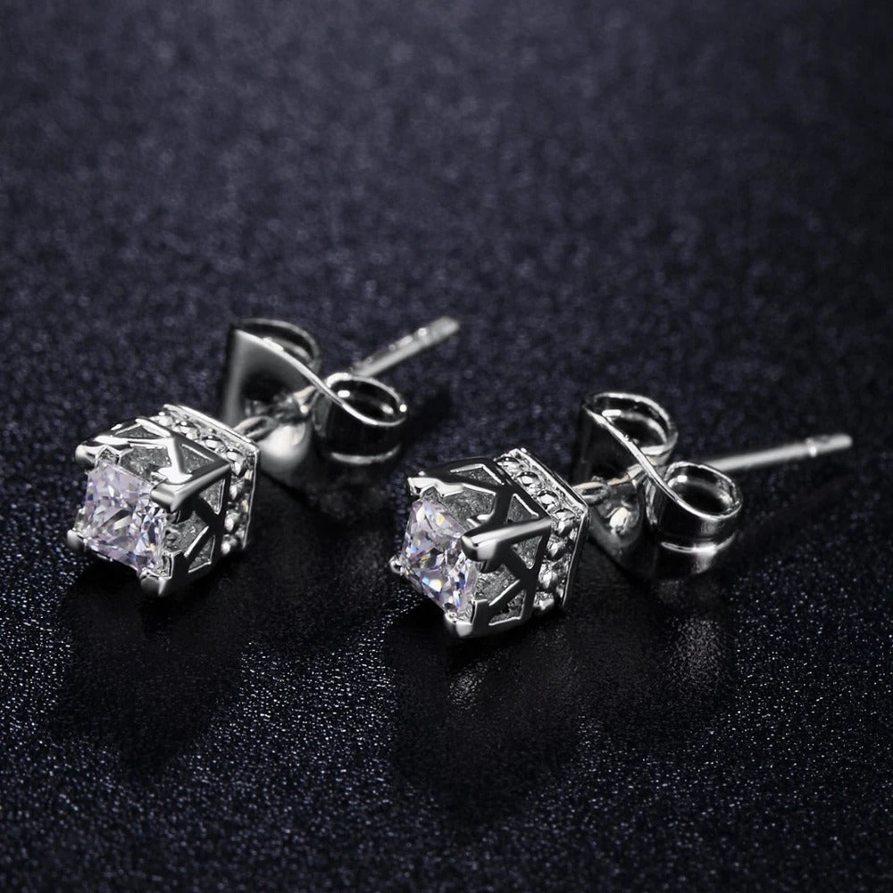 Timeless Silver Square Crystal & Crown Design Earrings-EllyBoutique