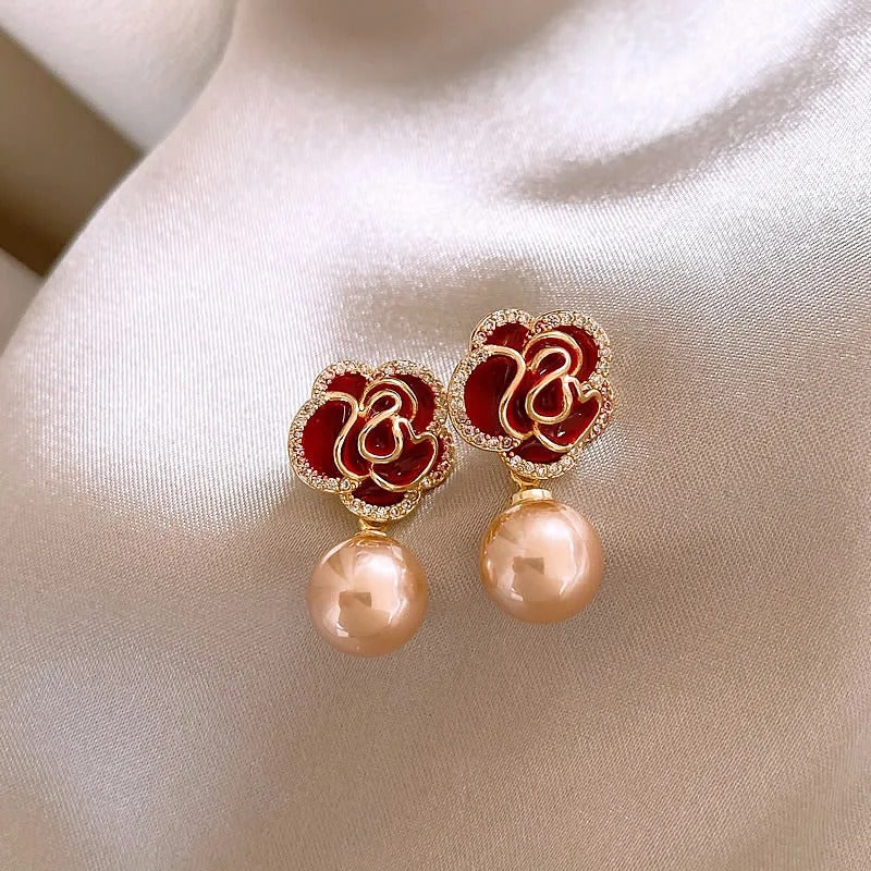 Red Camellia Champagne Pearl Pendant Earrings-EllyBoutique