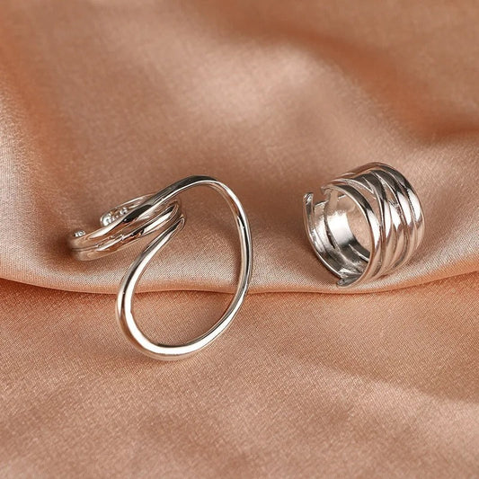 Classic Silver Twisted Swirl & Layered Adjustable Ring Set-EllyBoutique