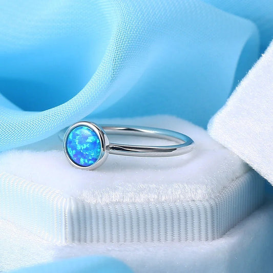 Silver Round Blue Opal Gem Ring-EllyBoutique