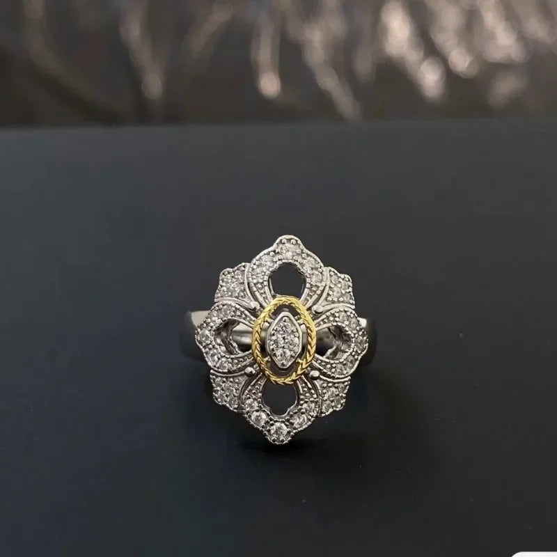 Vintage Gold & Silver Floral Diamond Adjustable Ring-EllyBoutique