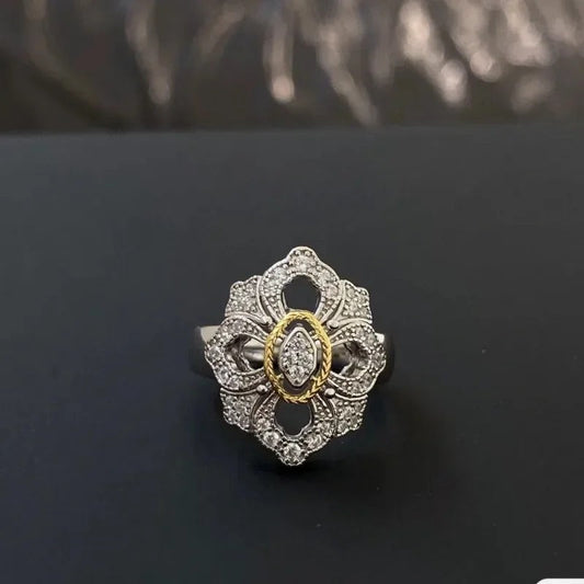 Vintage Gold & Silver Floral Diamond Adjustable Ring-EllyBoutique