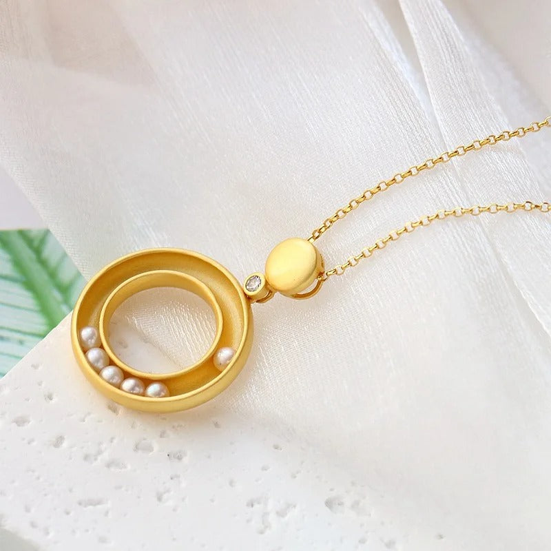 Classic Gold Matte Pearl & Circle Design Pendant Necklace-EllyBoutique
