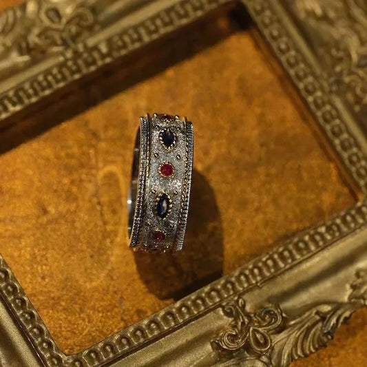 Vintage Silver Palace Style Inlaid Red & Blue Crystal Ring-EllyBoutique